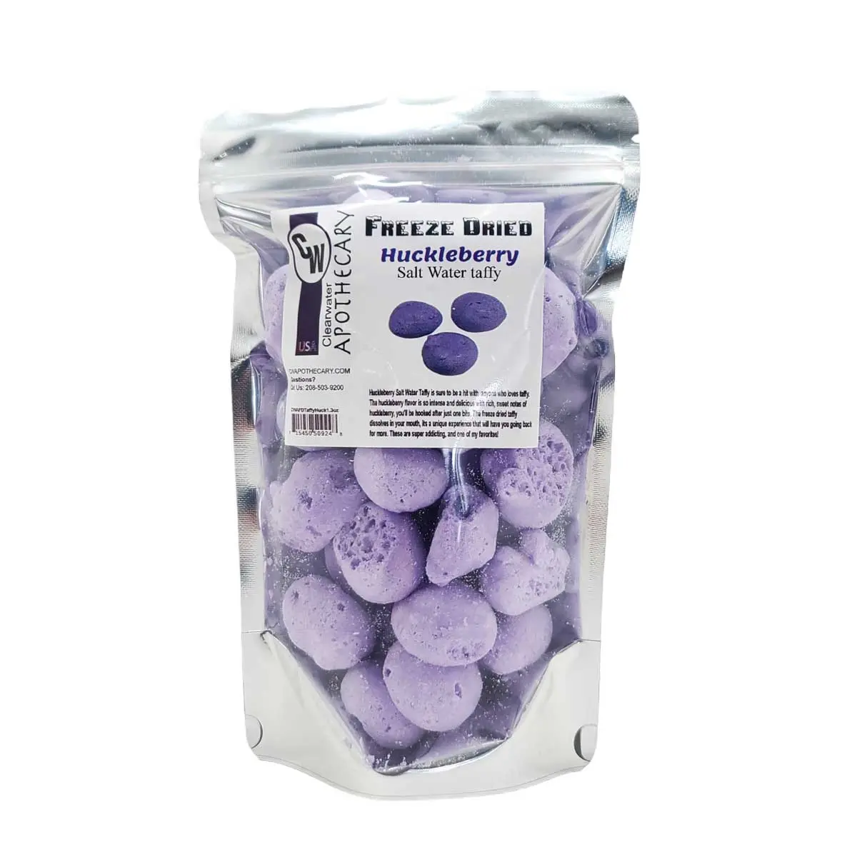 Freeze Dried Huckleberry Salt Water Taffy - 1.3oz Crunchy Candies in 5x8x3in Refillable Pouch, Gluten Free, Kosher, Sweet Snack for Snacking, Gifting, Freeze-Dried Taffy