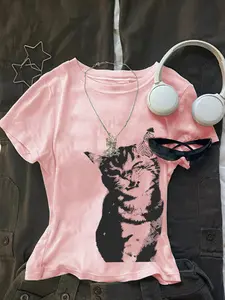 2026 Summer Retro Hot Girl Tee | Colombia Elements | Cat Graffiti Print | Lightweight Breathable Cool & Soft | Crew Neck Slim Crop Top | Y2K Sweet Cool Street | Daily/Music Fest/Party/Date | Multi-Color Versatile | Stadium OOTD | Top Only
