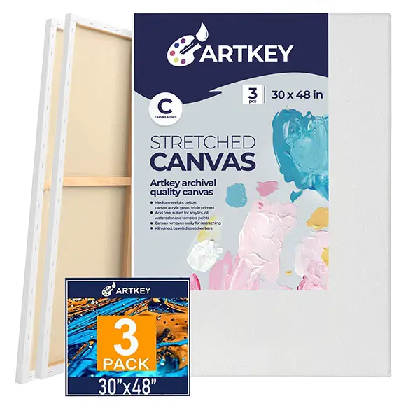 Artkey Pre-Stretched Canvas Pack, 30"X48", 3-Pack, 12.3 oz, Triple Primed, Acid-Free, 100% Cotton, Mixed Media, White