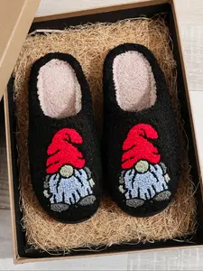 Christmas Plush Slippers, Creative Embroidered Santa Gnome Elf Design, Unisex Slip-On Indoor Outdoor Warm Non-Slip Shoes, Fall Winter Gift