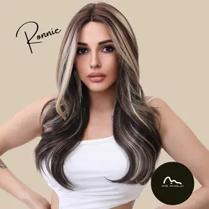RONNIE 【WA-SM9239】Ombre  Brown with Blonde Highlight Wavy Wig 22 inches Synthetic Lace Frontal  Daily or Party