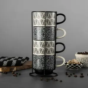 Assorted Holiday Tree Print Ceramic Stacking Mugs - Black and White, 4 Pack - Drinkware, Cup