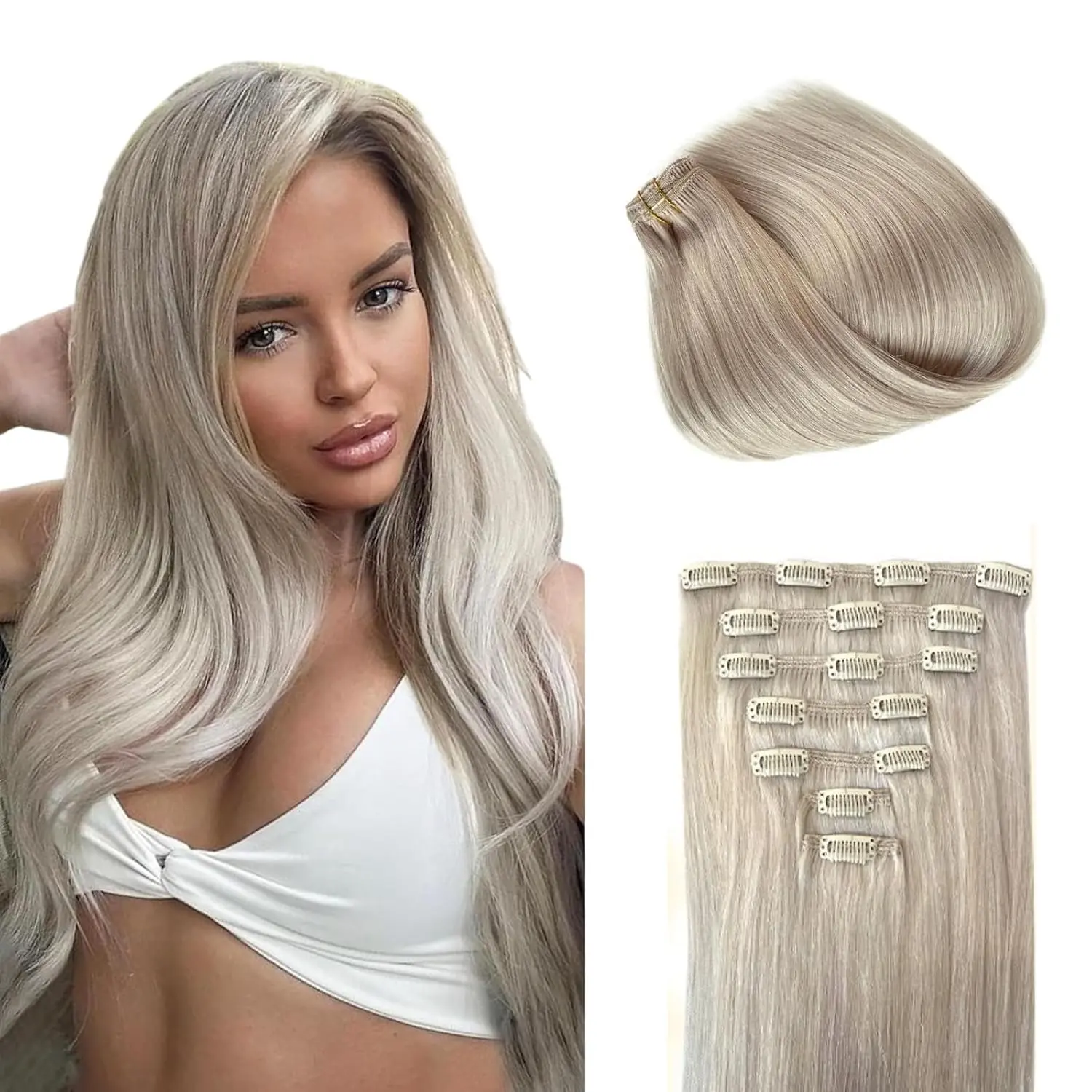Silky Platinum Silver Clip-in Hair Extensions, 100% Premium Real Human Hair for Natural Volume, Heat-Safe with Invisible Waterdrop Clips, 7 Pcs 4.23oz, Natural Straight Hairpiece, Human Hair Silky