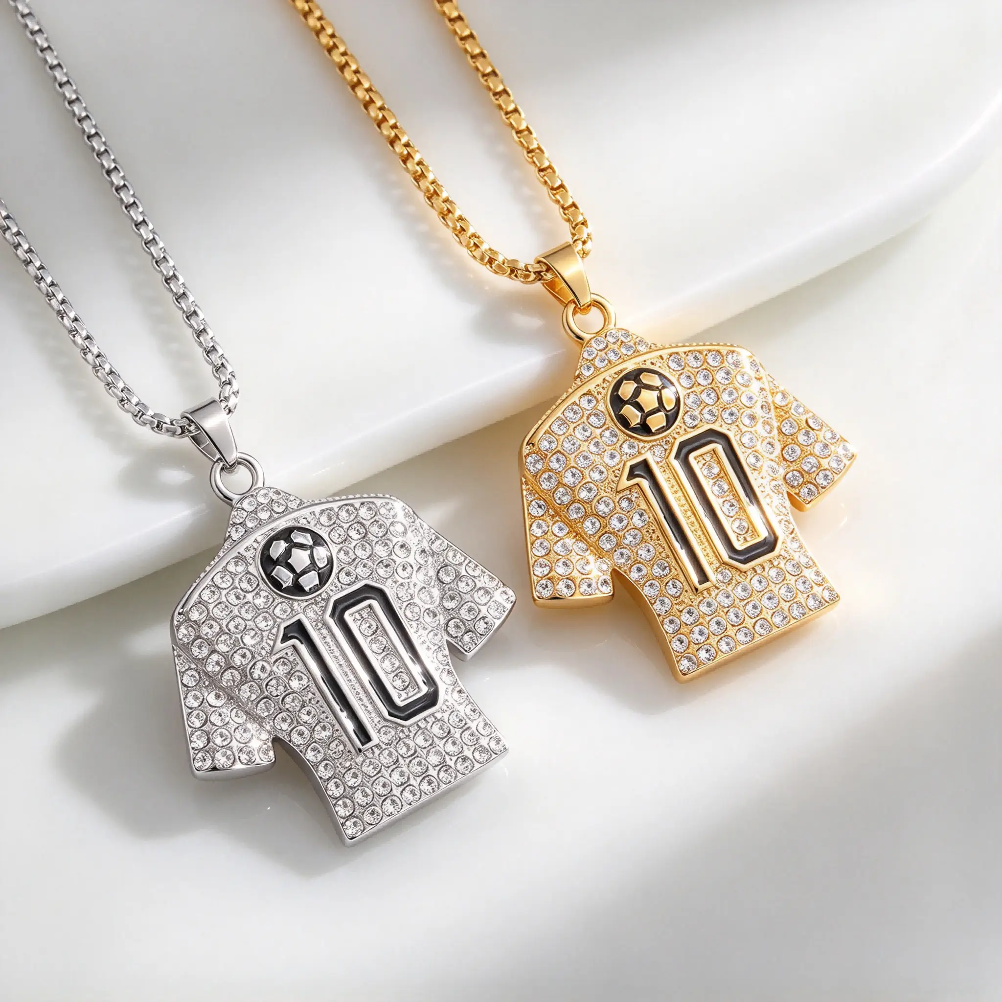 Bling Number 10 Soccer Jersey Pendant Necklace, Alloy Inlaid Decorative Stone Box Chain Unisex Sports Fan Hip Hop Statement Neck Jewelry