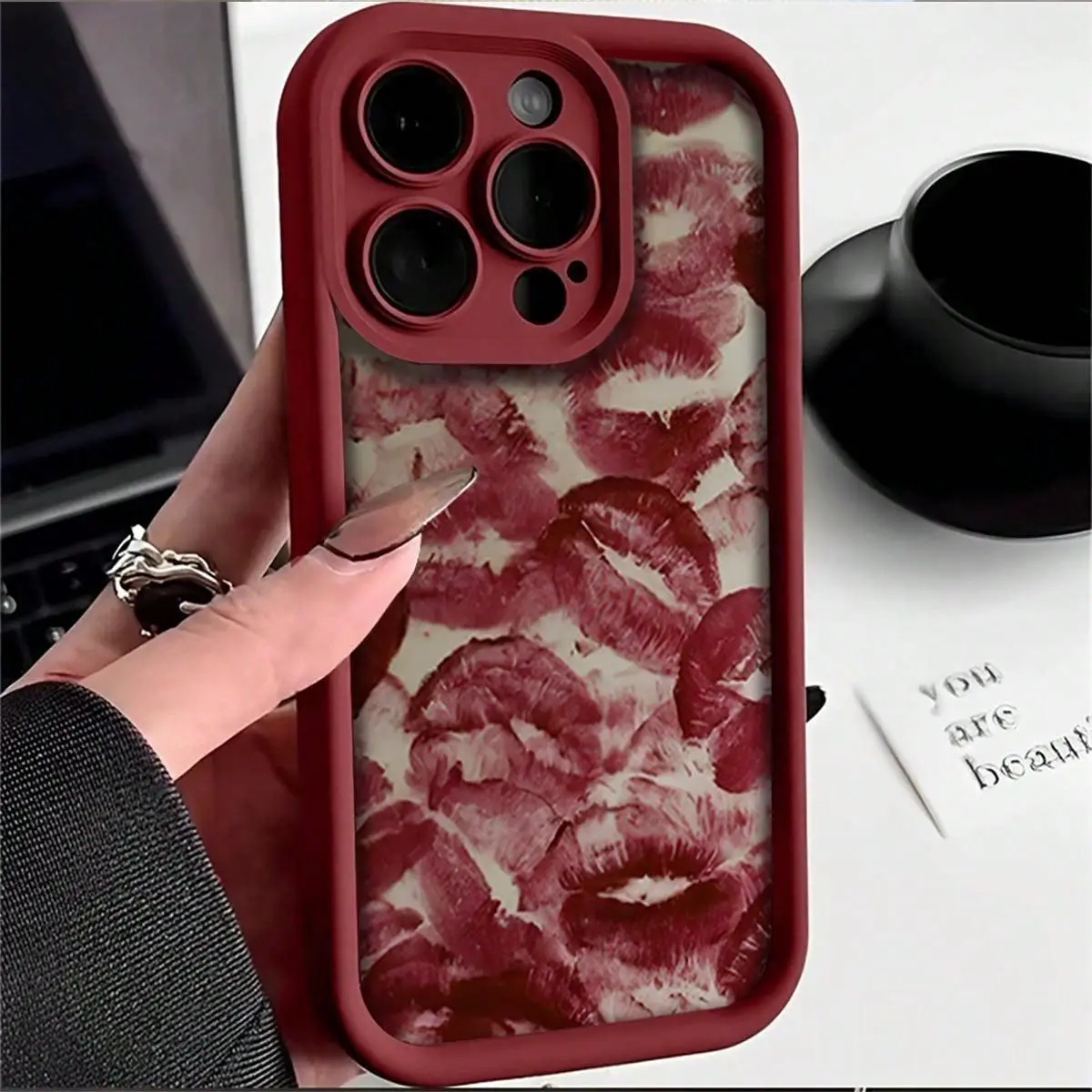Elegant Wine Lip Print Soft Tpu Shockproof Phone Case, Compatible with Multiple iPhone Models Including iPhone 11 to iPhone 17 Plus