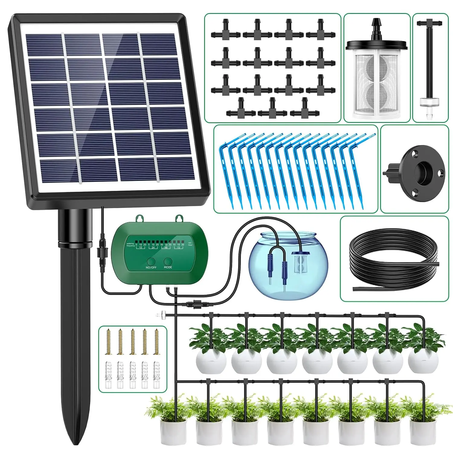 Solar-Powered Automatic Drip Irrigation Kit with Timer, 12 Modes, Water Level Alarm, 15 Plants, 15m Tube & Drippers, for Indoor Outdoor Garden, Balcony, Greenhouse & Potted Plants