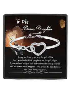 To My Beautiful Bonus Daughter Bracelet Infinity Heart CZ Bangle Bracelet Birthday Gift,Christmas Gift Unbreakable Love Gift Heart Zirconia Bracelet