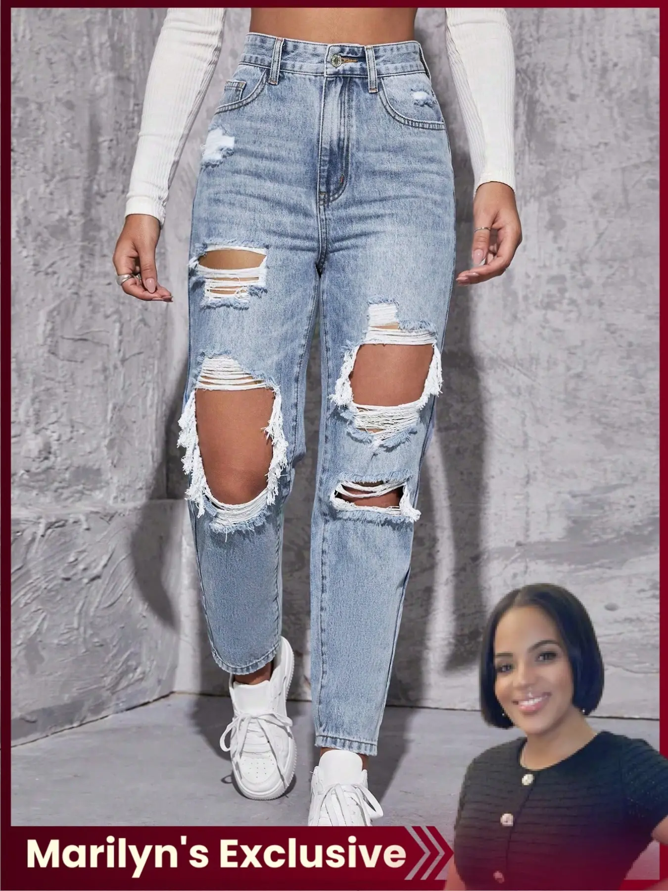【Marilyn's Exclusive】Women's Distressed High Waist Straight Leg Ripped Light Wash Denim Jeans, Casual Comfortable Breathable Street Style Spring Pants, Fitted Long Regular Fit