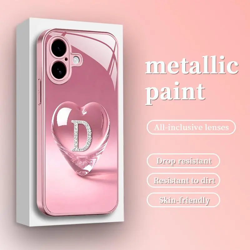 Metallic Glass Phone Case for iPhone 16, Fits iOS, Cute Pink Heart Rhinestone Pattern, Initial Letter A-Z, Initial Choice, Luxury Personalized Aesthetic Bling Cover, Perfect Gift for Women -JS996