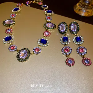 [Medieval Gemstone Necklace] Luxurious Golden-Tone Colorful Gemstone Flower Necklace | Vintage Medieval-Inspired Vibrant Red, Blue, and Purple Accents, Perfect for Daily Wear & Gifting, Charm Necklace cross necklace vintage jewelry initialnecklace