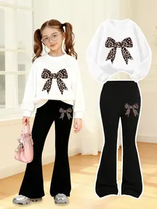 Girls' Cartoon Print Bowknot Sweater & Bell Bottoms Set, Comfortable Elastic Waist Pants, Fall Winter Casual Sportswear, Ages 4-12, Clothes Kids