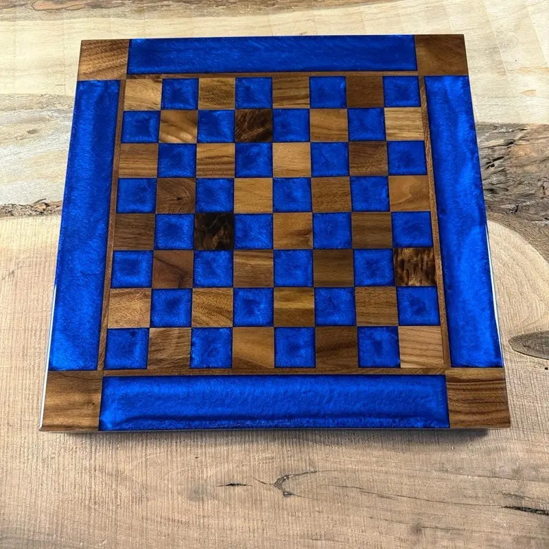 Black Walnut Deep Blue Chess Board Handmade with Pieces 16x16in Epoxy Resin Tabletop Game for Tournament Players