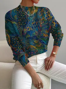 Women's Blue Peacock Print Knit Sweater, Casual Elegance Aesthetic for Spring Fall Winter, Holiday & Commute Wear, Stand Collar Design