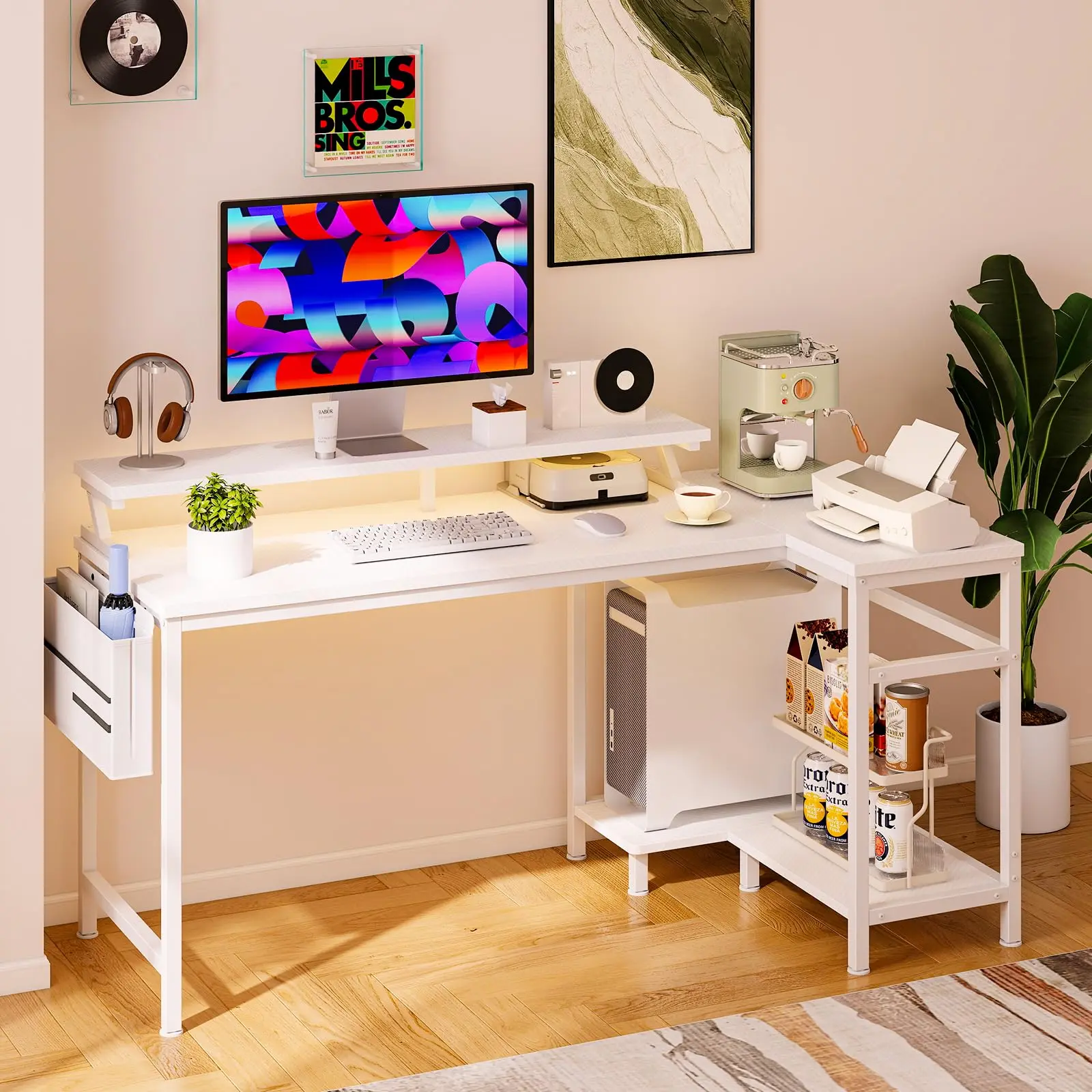 48-in L-Shaped Gaming Desk - Metal Frame Computer Desk with LED Lights, Power Outlets, Adjustable Monitor Stand, Storage Shelves, USB Ports, Hanging Side Bag, PC Tower Stand, Reversible Design for Gaming Room, Home Office, Gaming Desks