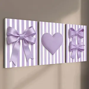 3-count wooden frame canvas, Wooden Wall Art, Indoor Decoration, light purple striped heart-shaped bow three-piece decorative poster, suitable for living room, corridor, office, bedroom decoration, waterproof printing