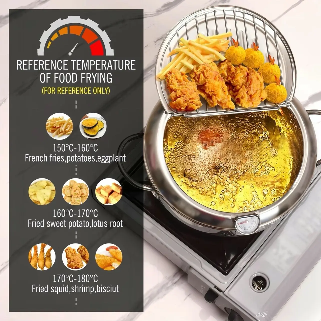 Japanese Tempura Deep Frying Pot with Thermometer - Stainless Steel - Silver/Dark Green Cookware Deep Frying Pot with Handle Traditional Dish