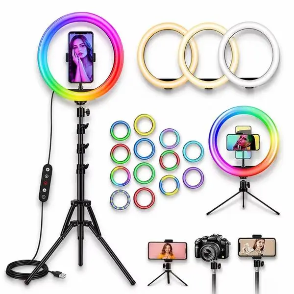 12-Inch Adjustable RGB LED Ring Light with Tripod Stand, Wireless Remote, Cellphone/Smartphone Holder - 18 RGB Colors, 3 Dimmable Light Modes, Selfie Accessory for Creators, TikTok, Bluetooth Recording