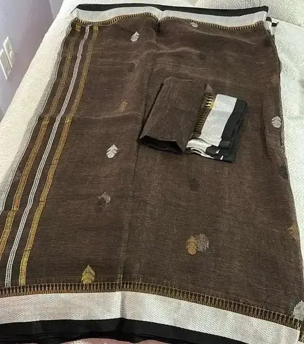 Brown Pure Linen Banarasi Saree with Hand Weave & White Zari