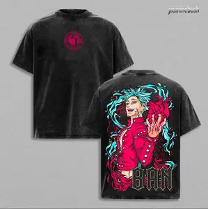 Ban Seven Deadly Sins Vintage Washed T-Shirt, Anime Streetwear Oversized Tee, Heavy Cotton Retro Manga Graphic Top, Unisex Gift for Anime Fans