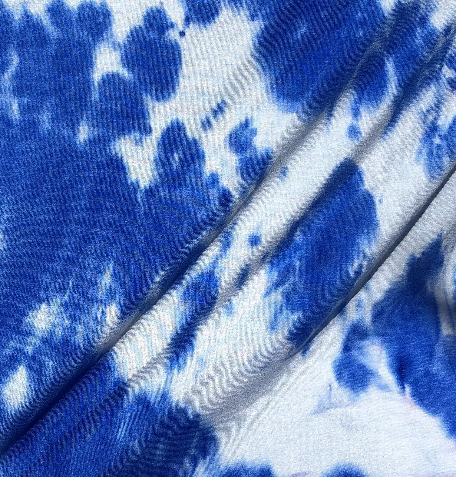 60" High Stretch Modal Blend Apparel Knit Fabric (95% Modal, 5 oz per sq yd) - Royal Blue & White Cloud Tie Dyed, By the Yard