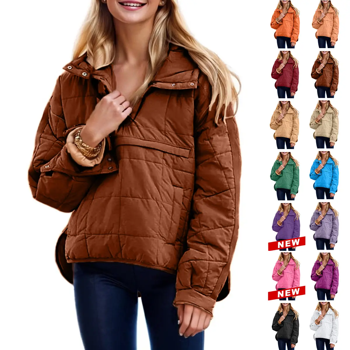 Tanming Women's Oversized Puffer Jacket Quilted Dolman Hoodies Pullover Long Sleeve Lightweight Warm Tops with Big Chest Pocket