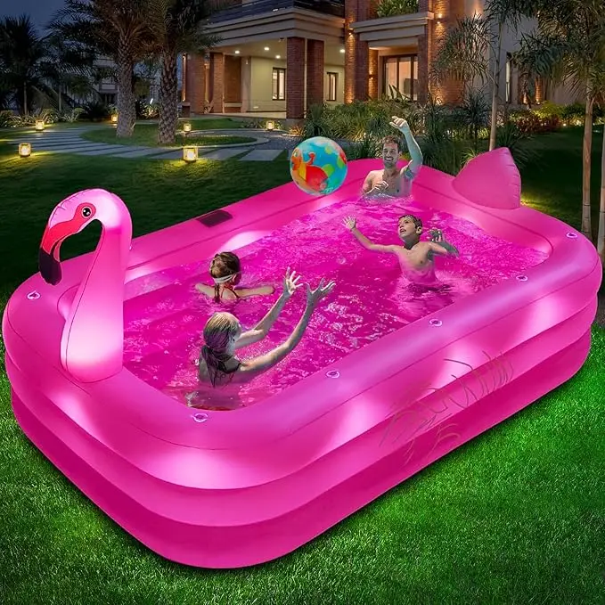 Inflatable Pool with Lights, Large Family Swimming Pool for Kids & Adults, Thickened Pool for  Outdoor Use, Durable Inflatable Pool,  Pink