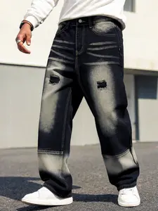 Men's Y2K Aesthetic Vintage Black Gradient Ripped Pocket Wide-Leg Denim Jeans, Retro Distressed Wide-Leg Casual Streetwear Essential Four-Season Pants, Hip-Hop Style Daily Wear Pants, Ideal Gift for Boyfriend or Husband