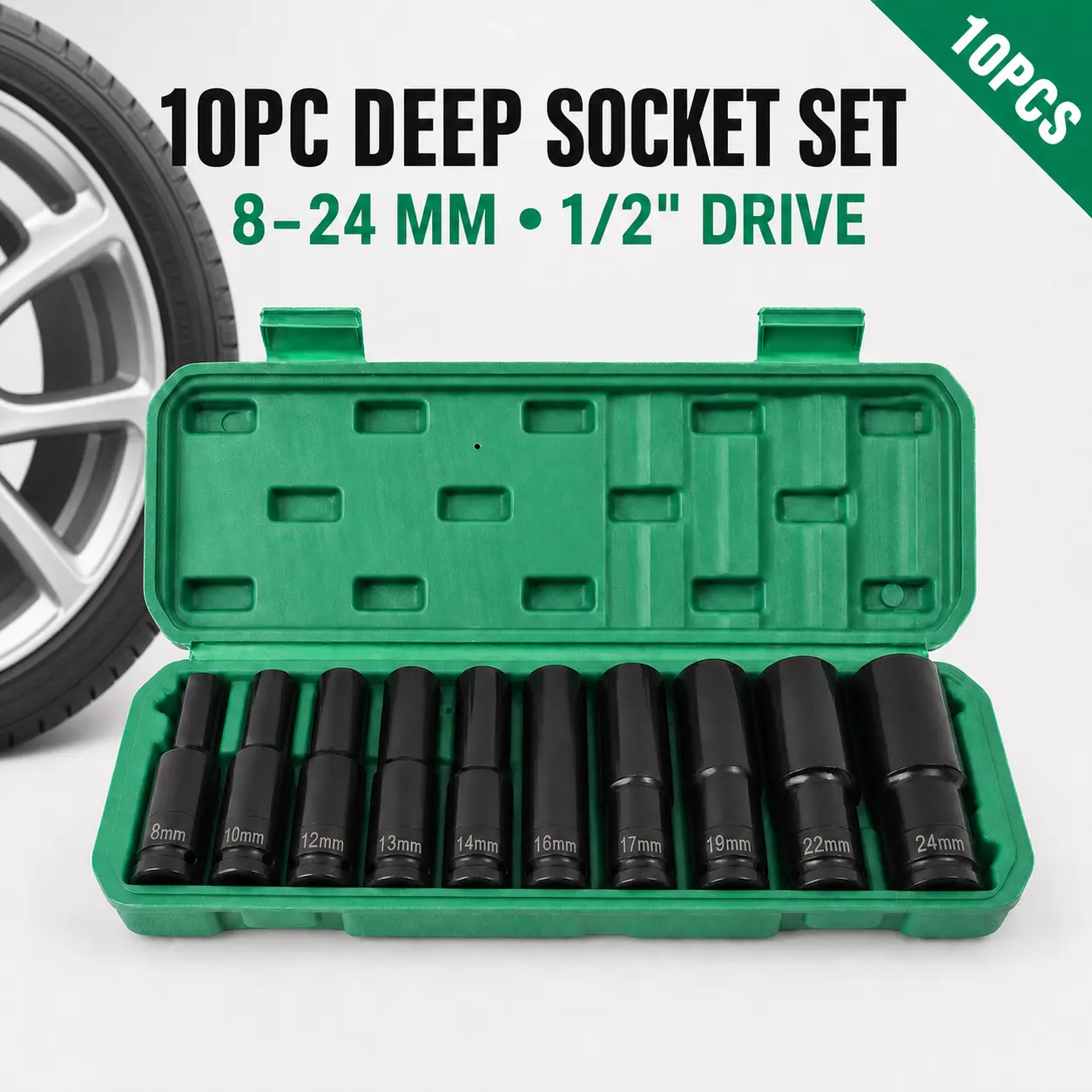 10-Piece 1/2" Drive Deep Metric Impact Socket Set (8-24mm), Heavy-Duty Steel Thin Wall Power Sleeve & Mechanics Tool Kit with Plastic Storage Case for Automotive Tire Repair double-head torx spanner quick opening easy change tool