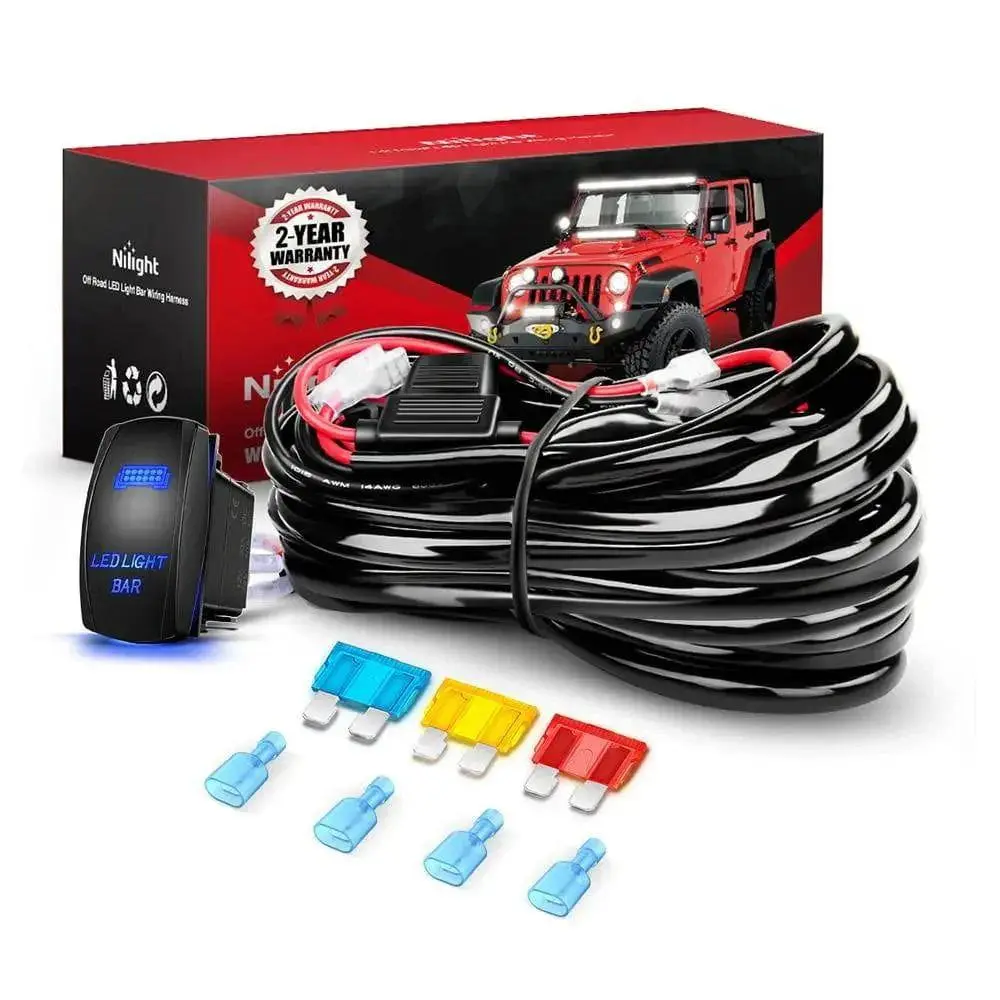 Nilight 1 x Wiring Harness Kit for Cars/Motorcycles - 10 ft 14 AWG Waterproof 2-Lead Cable, 12V 5-Pin Rocker Switch, 12V 20A/24V 10A DC, 25A Power Control, 3 Fuses, 4 Spade Connectors, Dual Output Power Relay, 300W, ABS+PC Construction, 1 x Instructions,