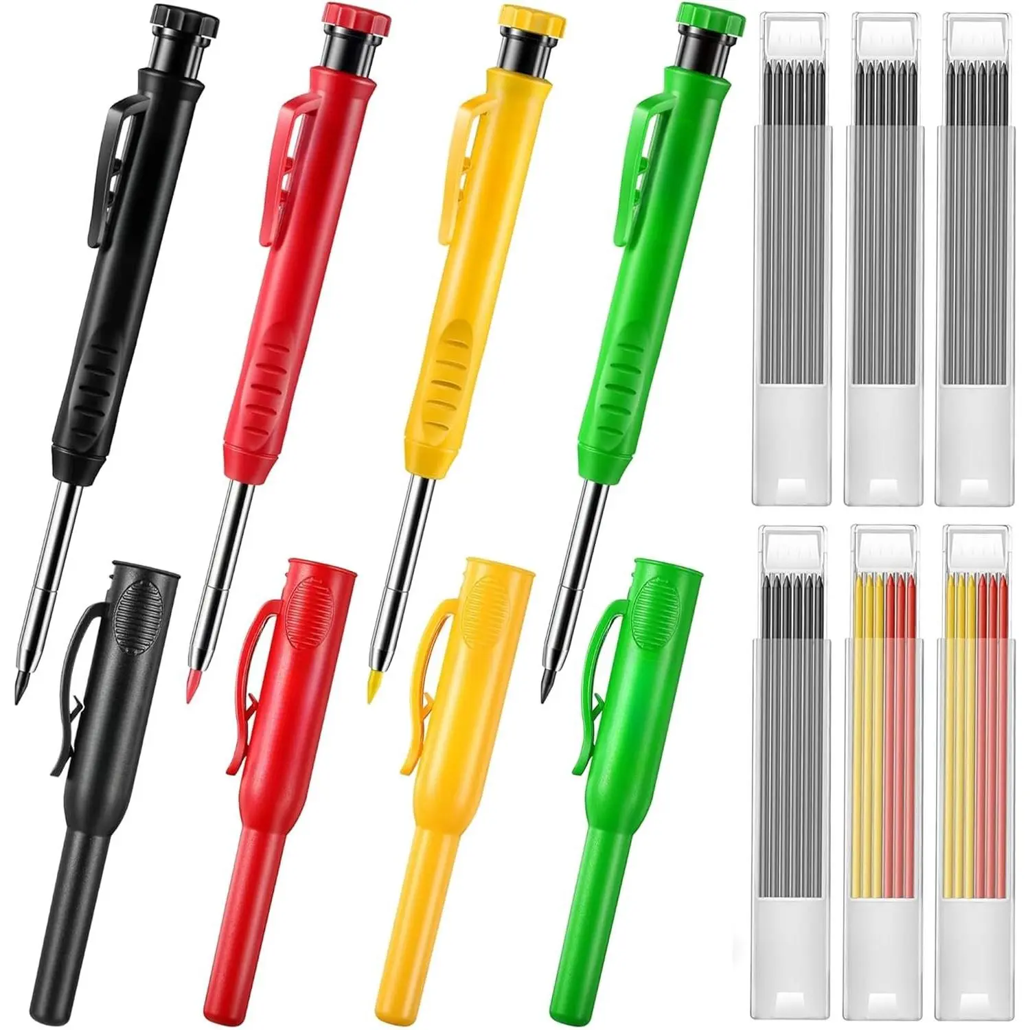 4 Pack Carpenter Pencils with 36 Refills (Red, Black, Yellow), 2.8 mm Heavy Duty Woodworking Marking Tool Built In Sharpener Ideal for Marking on Solid Long Nosed Deep Hole(Multi Colors)