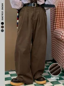 Men's Solid Color Corduroy Pants Loose Fit Straight Leg Side Pocket Casual Slant Pocket Basic Bottoms Retro Classical Ribbed Elastic Waist Micro Pleated Dress Pants Soft Easily Match Fall Winter Daily Lounge Pants Clubwear Party Outdoor Work as A Gift