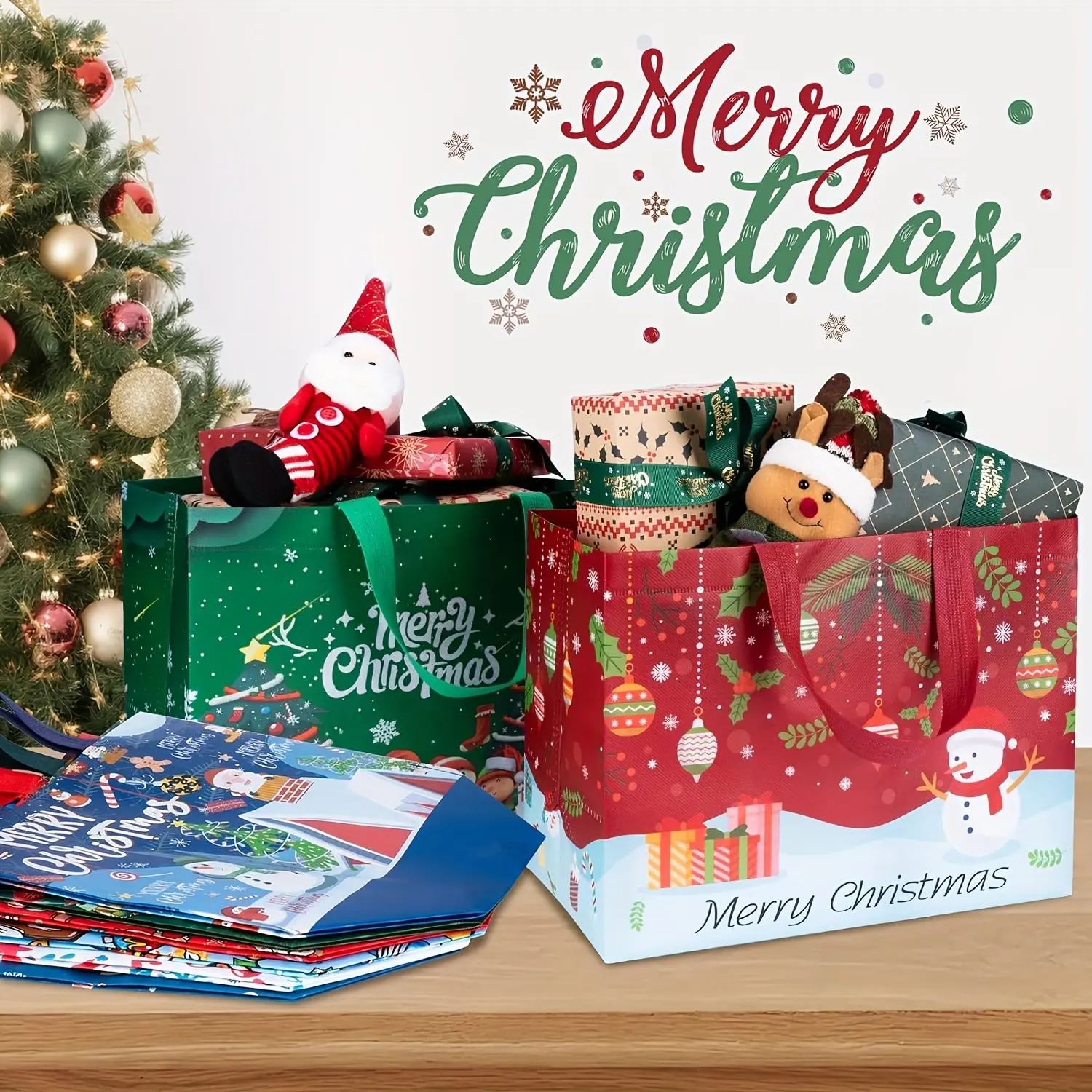 8/16 pieces of vintage Christmas kraft paper stickers, Santa Claus snowman fox Christmas party gift bags, holiday gift packaging supplies, Christmas gift paper bags, size: 12.8in * 9.8in