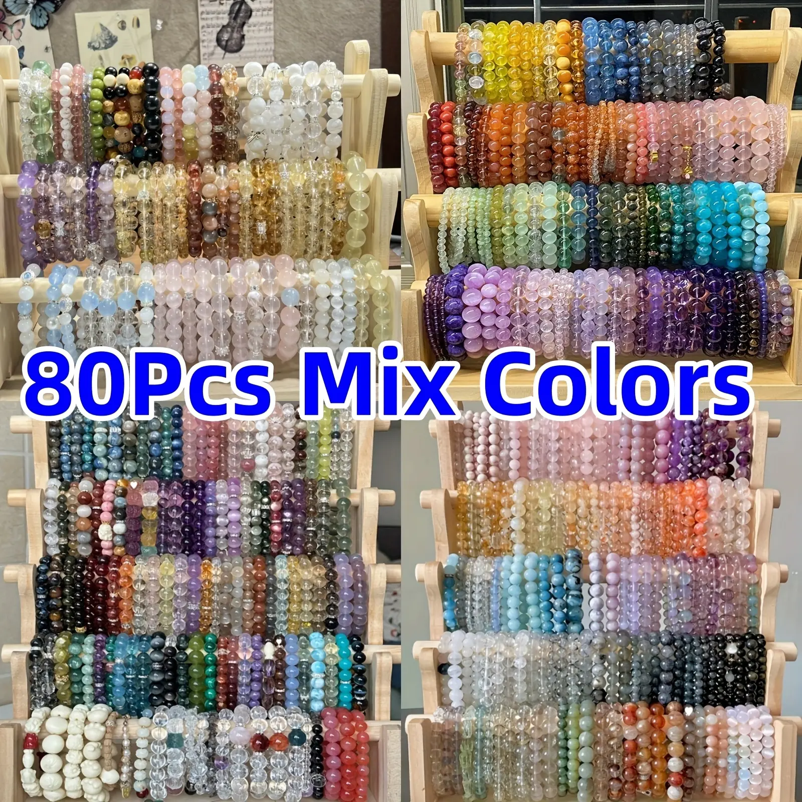 80pcs 8mm Glass Bead Elastic Bracelets Set - Vibrant Multi-Colored Costume Jewelry Bracelets for Everyday Use, Celebrations - Versatile Fashion Accessory for Any Season, Bracelet