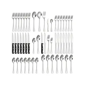 53 counts Black Silverware Set With Steak Knives For 8 And 5 counts Serving Utensil Set,Mirror Polished Flatware Cutlery Set,Stainless Steel Fork Knife Spoon Set For Kitchen Hotel,Dishwasher Safe
