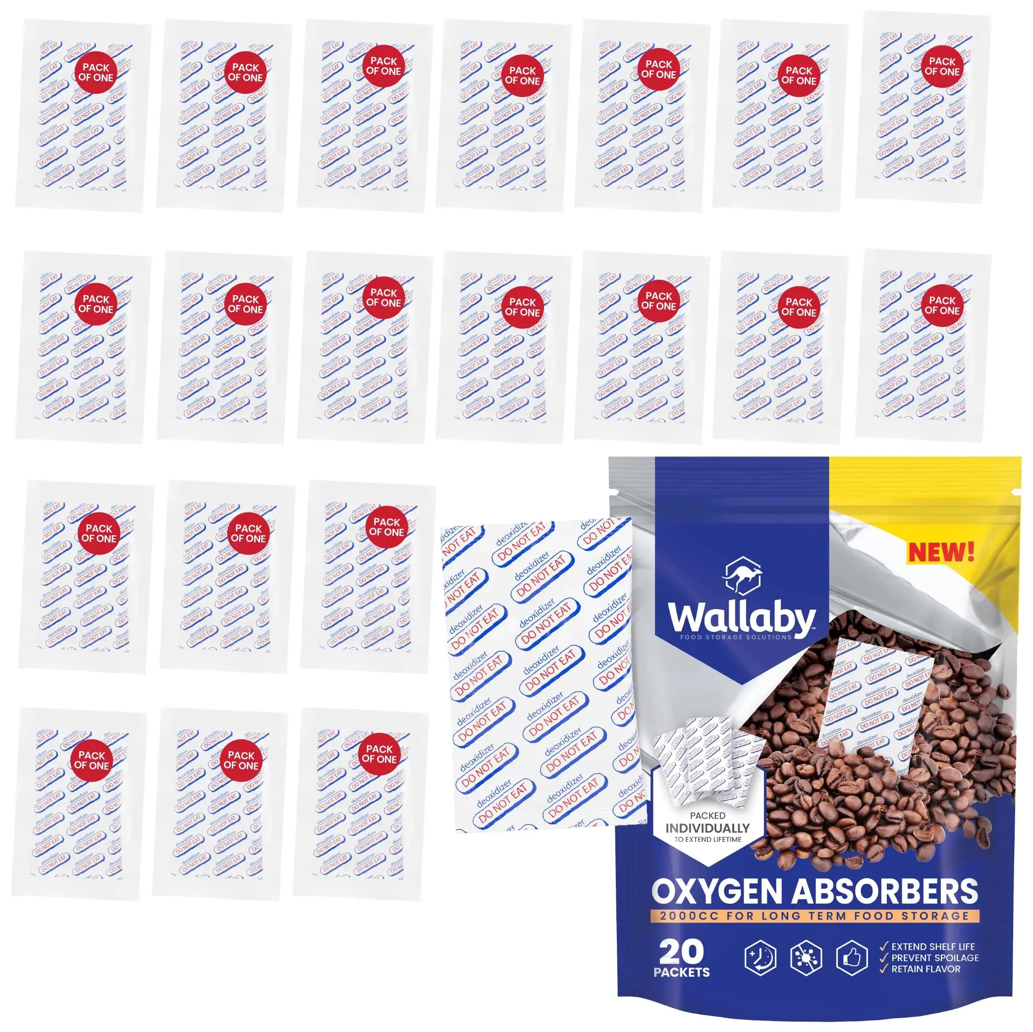 Wallaby 2000cc Oxygen Absorber Packets (20 Count) - Food Grade & Safe, Individually Packaged for Airtight Gal Resealing, Sealed Mylar Bags, Long-Term Food Storage