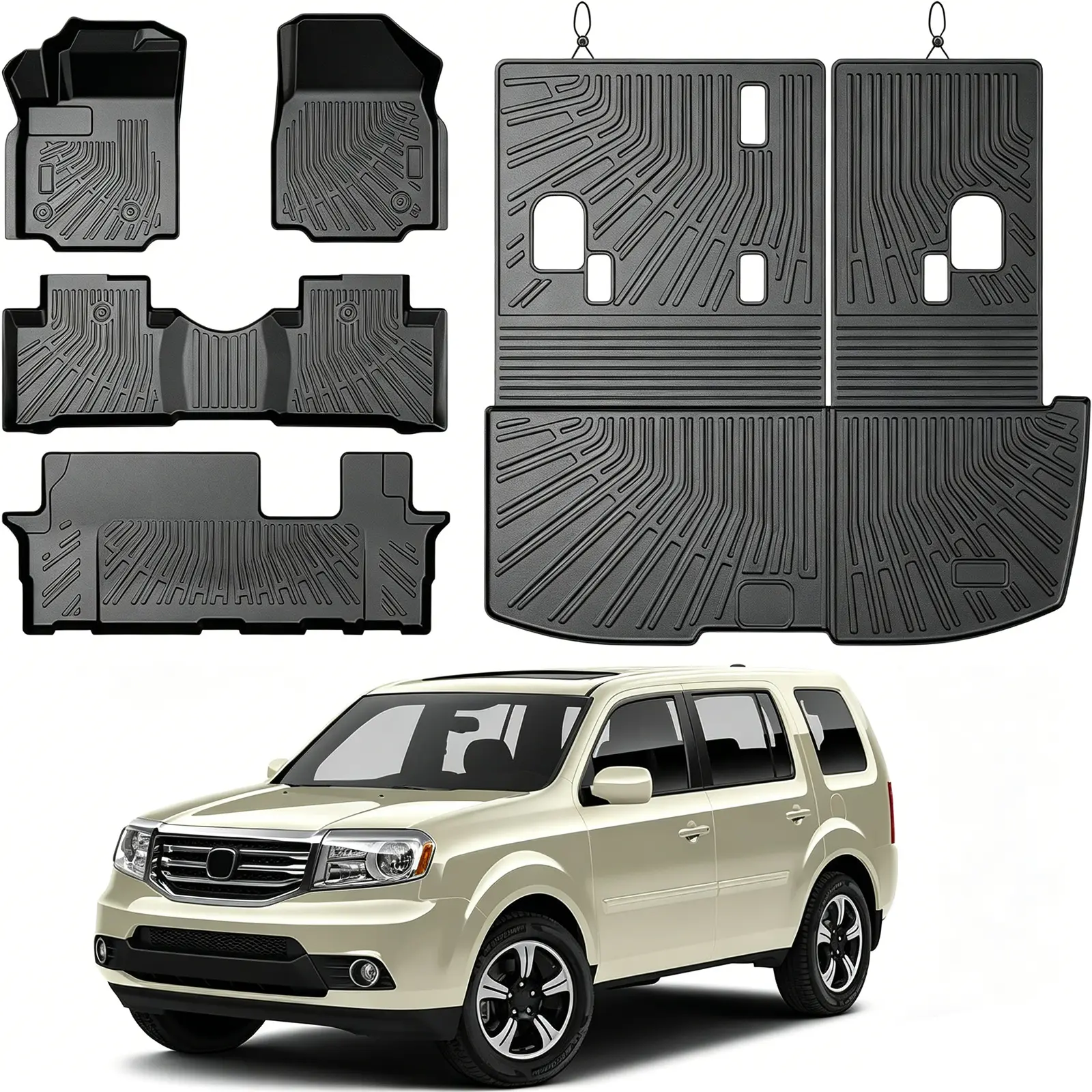 Canvcle Pilot Floor Mats - Car Mats for Honda Pilot 2009-2015, 2016-2022 Honda Pilot 8 Passengers (No Elite Models), All Weather Full Set Cargo Liner with Backrest Mat for Car Accessories, Heavy Duty Waterproof, Black