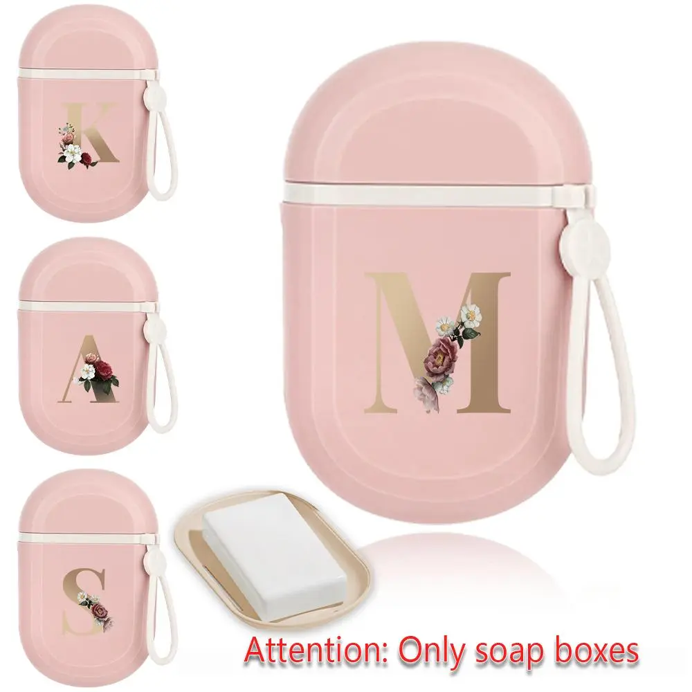 Portable Soap Box Leakproof Travel Container with Cover and Tray, Plastic Soap Dish Holder for Camping Outdoor Shower and Bathroom, Gold Letter Pattern, Soap Saver, Soap Container for Traveling, Bar Soap Holder