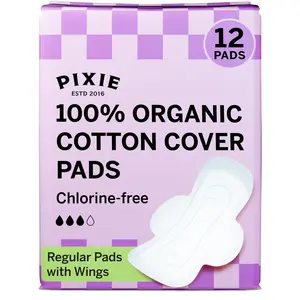 Pixie Organic Cotton Ultra Thin Pads with Wings for Women - Leak-Proof & Moisture-Wicking for Feminine Care - Compostable, Unscented Menstrual Pads - Regular Absorbency - FSA Eligible - 12 Count