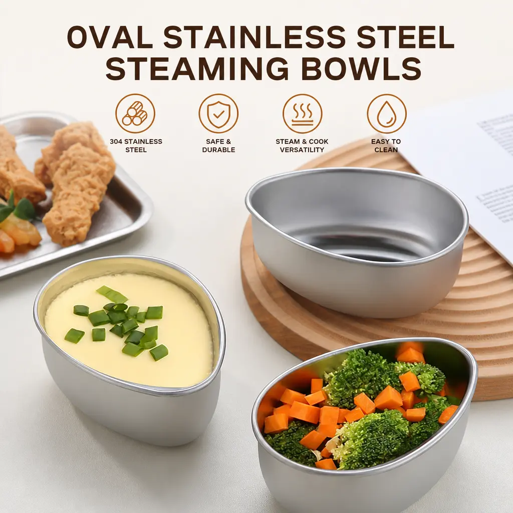 304 Stainless Steel Oval Egg-Shaped Steaming Bowl - 1 Count Kitchen Tableware Container for Steaming, Baking, Desserts