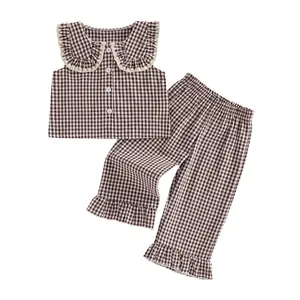 Kids Infant Toddler Baby Girls Summer Outfits Doll Collar Plaid Print Flying Sleeve Smocked Vest Tops and Elastic Waist Pants Set Cute Spring Summer Clothes