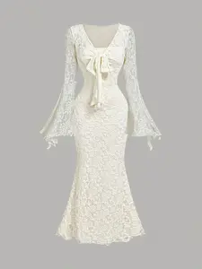 V Neck Flounce Flared Sleeve Belted Dress, Mermaid Hem Lace Dress, Ivory Lace Party Dress, Formal Wear, Wedding Guest Gown, Women's Birthday Dress