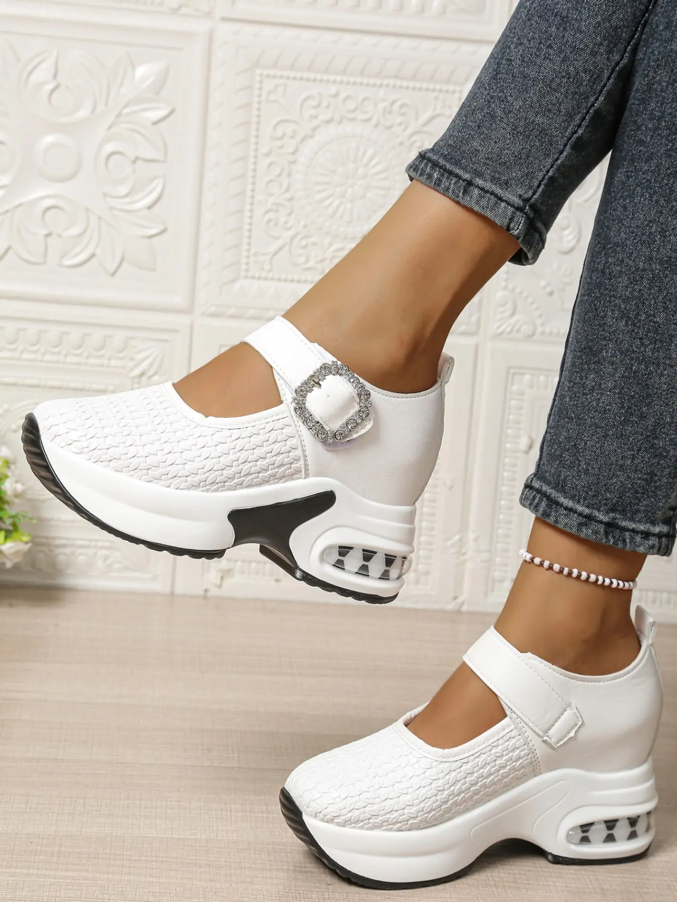 Women's Mary Jane Style Chunky Heel Shoes, Rhinestone Buckle, Breathable Textile, Casual All Season Footwear, Commuter Versatile, Fashion Shoes
