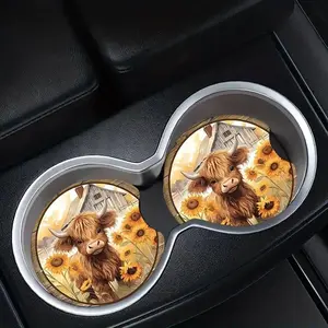 Car Coasters, Sunflower & Highland Cow Pattern Car Cup Holder Coaster, Car Interior Decoration Accessories for Women & Men, Car Interior Accessory, Car Interior Decorative