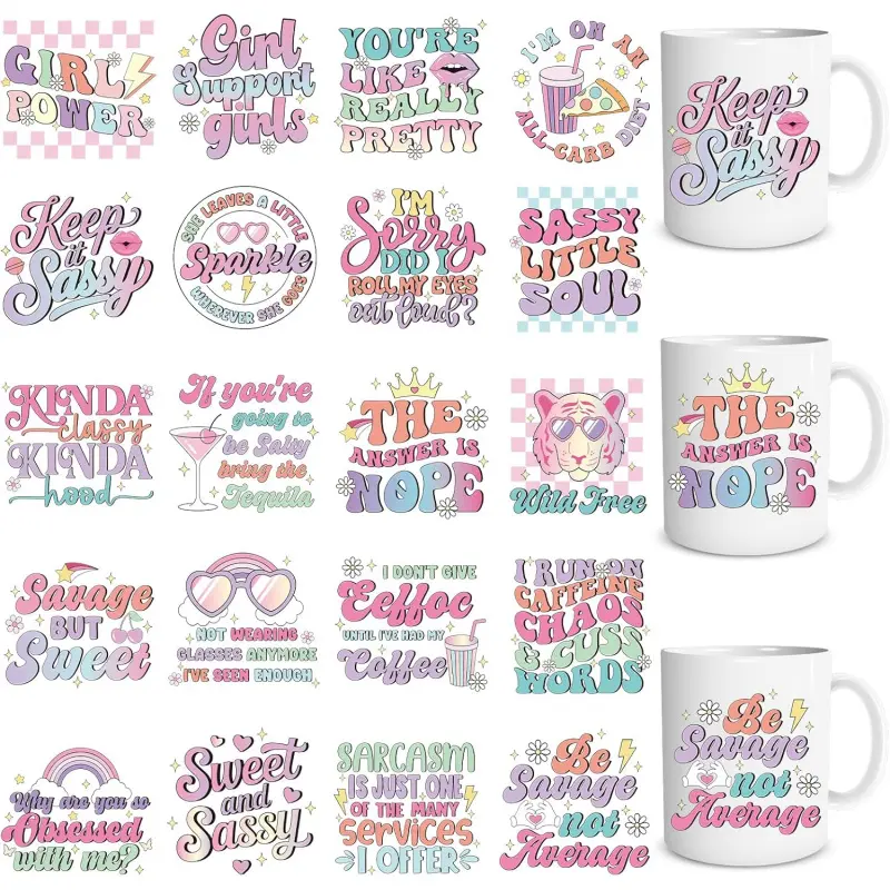UV DTF Cup Wrap - 20 Sheets Funny Sassy UV DTF Cup Wraps for 16 OZ Glass Mugs, Retro Rainbow Tiger Daisy UVDTF Stickers for Women, Rub on Transfer Decals for DIY Water Bottles Craft Gift