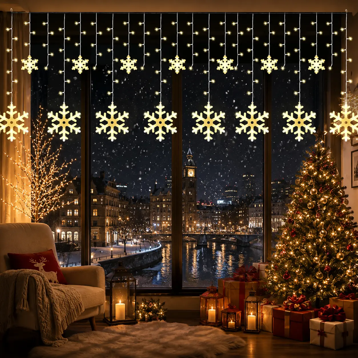 Irregular Curtain String Lights - 11.5 ft Plastic Snowflake, 158 Warm White LED, Battery Operated (Batteries Not Included), Connectable, Varied Sizes, Brilliant Coverage, Generous Lead Wire, Indoor Outdoor Home Eaves Window Festive Decor