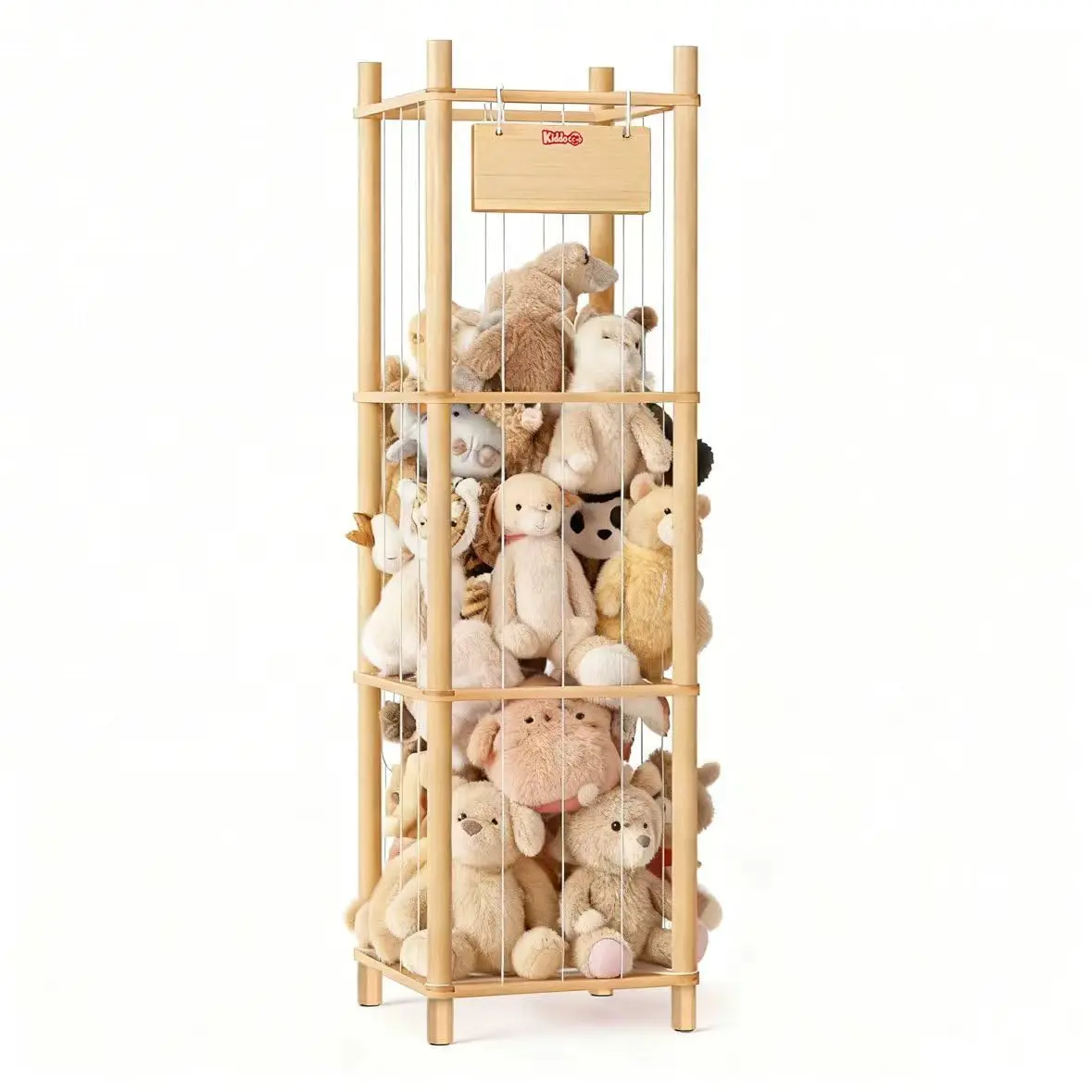 Kids Plush Toy Storage Rack, 3-Tier Wooden Toy Storage Rack, Large Toy Storage Basket with Handles, Foldable Storage Basket