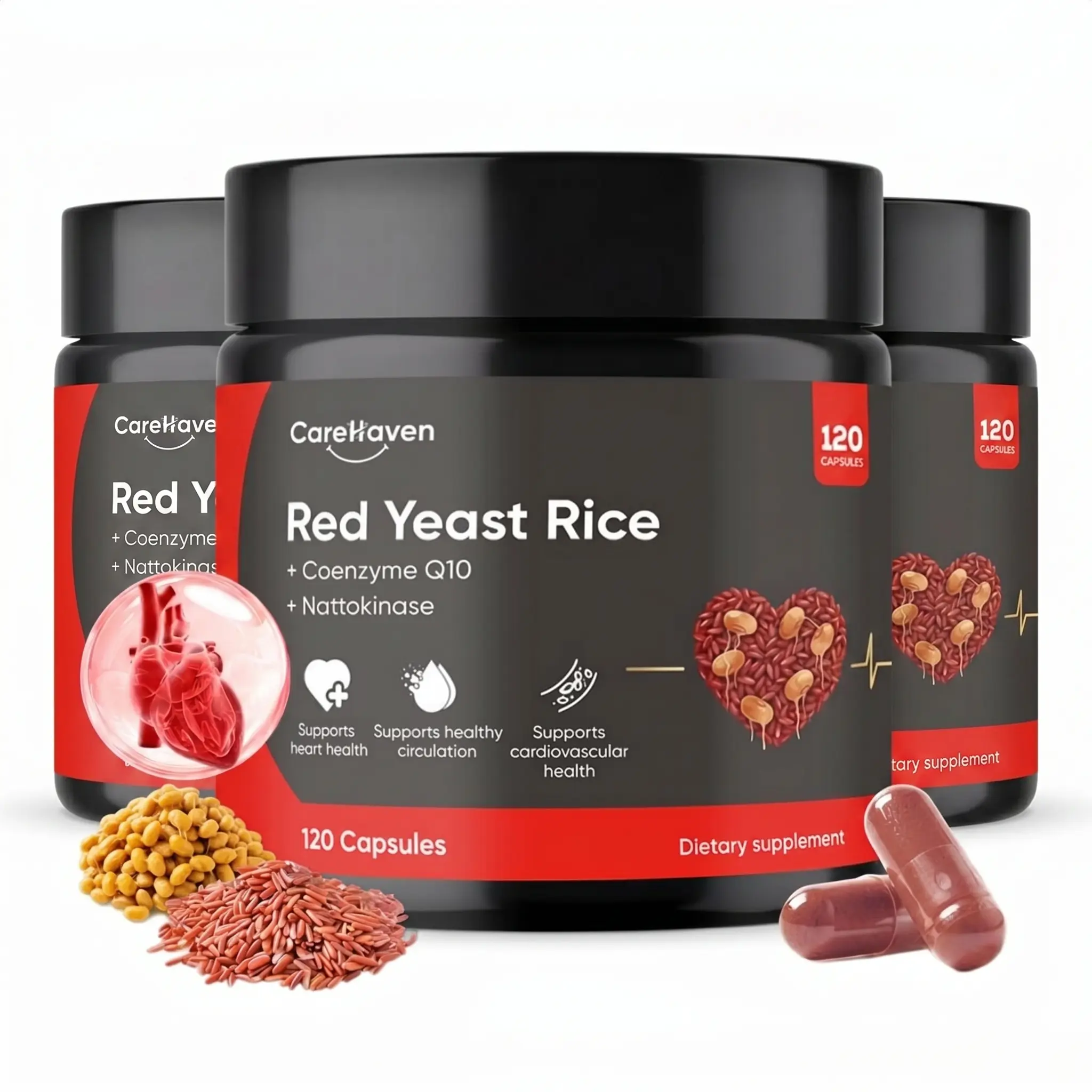CareHaven Red Yeast Rice with Nattokinase & CoQ10 - 120 Capsules for Cholesterol & Heart Health Support - Citrinin-Free Supplement Healthy Ingredients Fitness Dietary