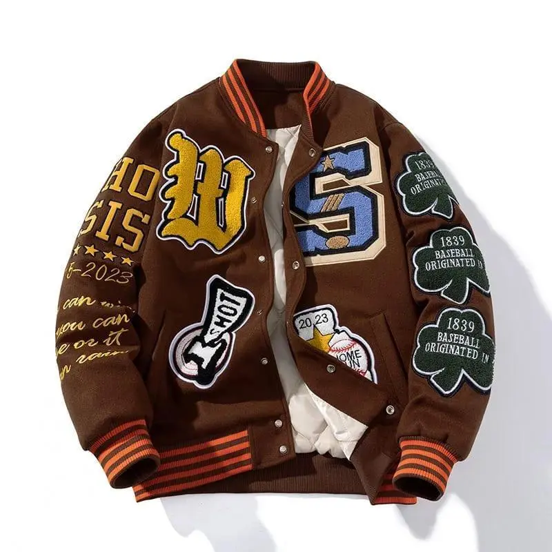 Embroidery Varsity Jacket Men Women Letter Winter American Baseball Jacket Hip Hop Woolen Coat Thick Warm Outwear Parkas Brown Casual Long Sleeve