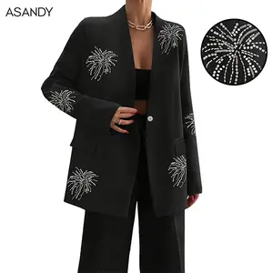 ASANDY Women's Rhinestone Firework Embellished Blazer, Open Front Loose Fit Party Jacket, Black Sparkly Oversized Blazer