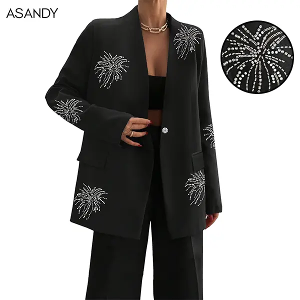 ASANDY Women's Fashion Rhinestone Firework-Embellished Blazer, Open-Front Loose-Fit Lady's Elegance Suit, Black Sparkly Oversized Party Jacket